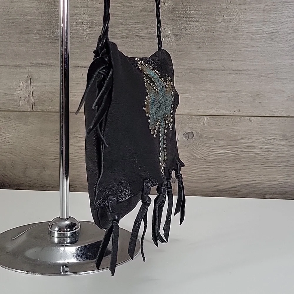 Patricia Wolf Black Studded Leather Crossbody Bag with Turquoise Cross Accent